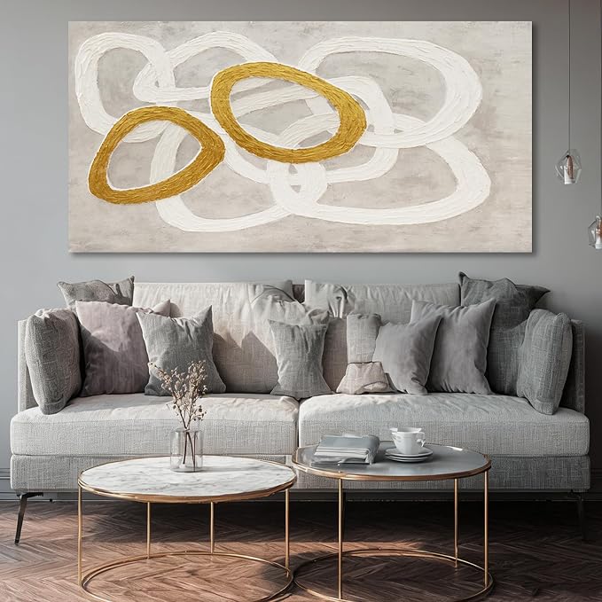 Dolidoteart Canvas Wall Art, Beige White Gold Abstract Wall Art Print, Hand-Painted Style Horizontal Artwork for Living Room Bedroom Office, 24x48 Inch