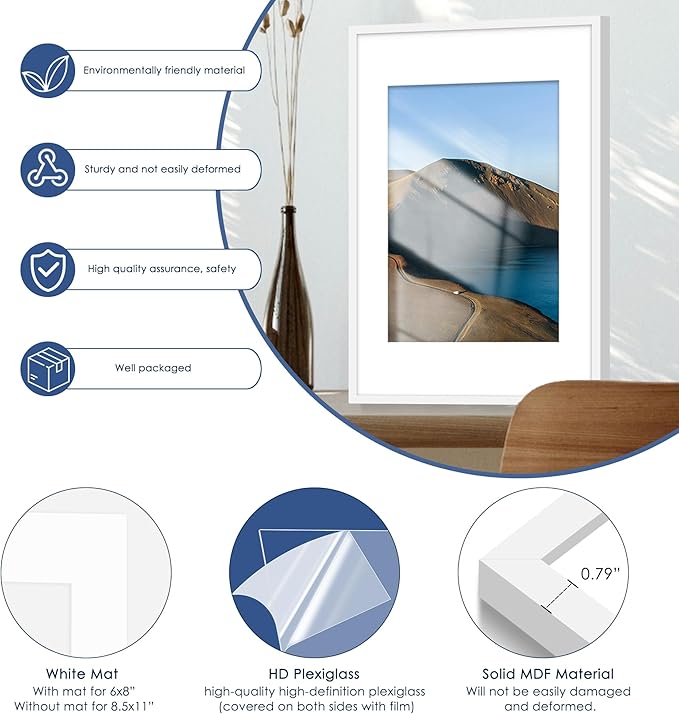 PEALSN 11x17 Picture Frame Set of 6, Display Pictures 8x12 with Mat or 11 x 17 without Mat for Wall Mounting Display, Photo Frames Collage for Wall Decor, White