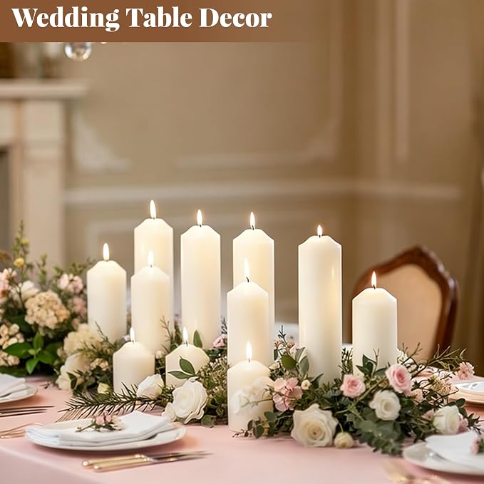 Pillar Candles Bulk Set - Unscented, Smokeless, Dripless | 3 Sizes: 2x3, 2x6, 2x8 Inches | Ideal for Weddings, Christmas & Home Decor (72, White)