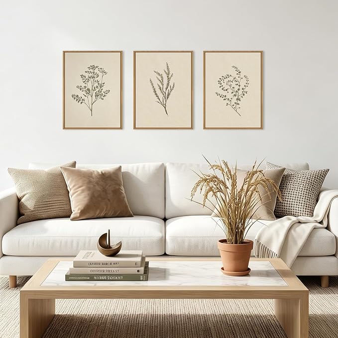 ANHUIB Neutral Beige Floral Canvas Wall Art Large Cream Botanical Wall Decor Vintage Minimalist Modern Paintings 24x36 Inch Set of 3 for Living Room Dining Room Bedroom