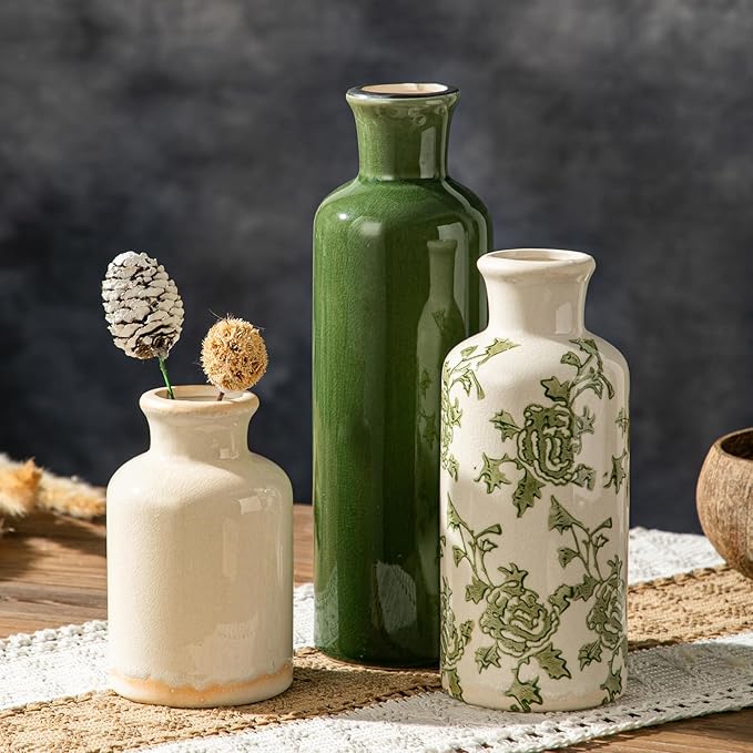Rustic Ceramic Vase Set of 3, Flower Vases for Farmhouse Decor, Kitchen Living Room Table Centerpieces Decoration, Shelf, Mantel and Entrance Decorations-Multicolor.
