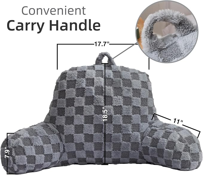A Nice Night Faux Fur Reading Pillow,Checkered Fluffy Grid Plaid,Bed Wedge Pillow Large Adult Children Backrest with Arms for Bedrest,Grey