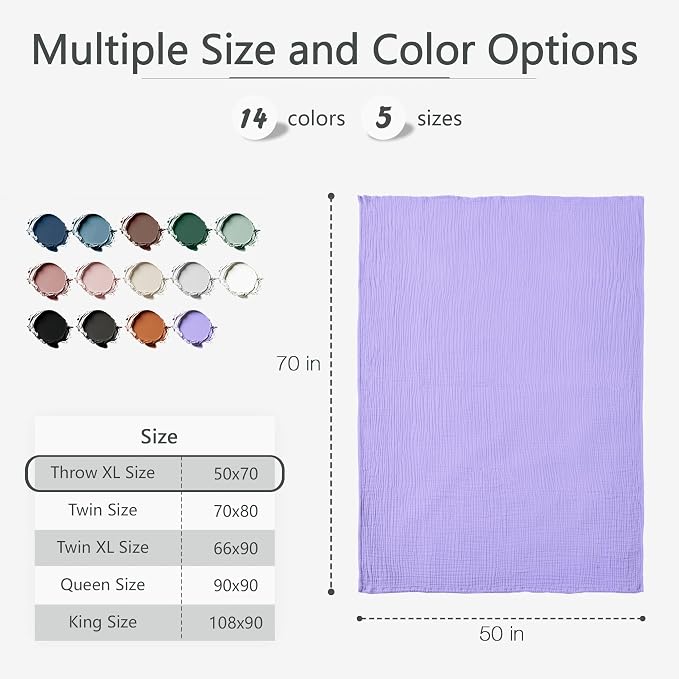 Carriediosa 100% Cotton Muslin Throw Blanket 50" X 70" Throw XL Size，4-Layers Summer Gauze Throws for Bed Couch，Soft Lightweight Breathable Linen Blankets Bedspread for Adults All Season，Light Purple