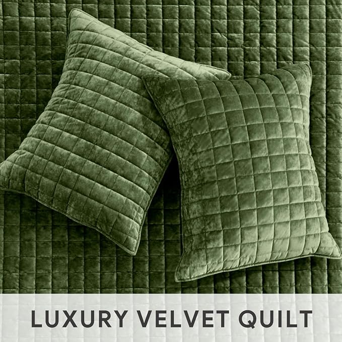 RECYCO Luxury Velvet Quilt Set Full Queen Size Bedding Sets, Ultra Soft Velvet Comforter Set, Lightweight Channel Box Stitch Oversized Bedspread Coverlet for All Season, with 2 Shams, Loden Green