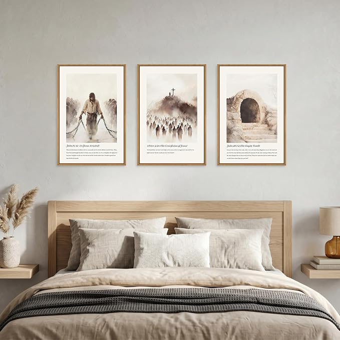 KAIRNE Jesus Christian Framed Canvas Wall Art Set,Neutral Bible Verses Wall Decor,Modern Religious Scripture Art Prints,Christ Cross Empty Tomb Artwork for Living Room,Bedroom,Church,Office-16 x24 x3