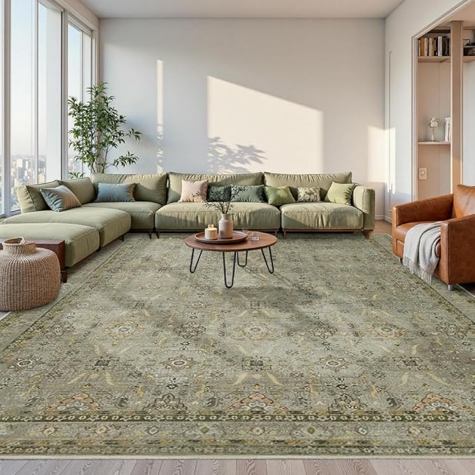 Rugxara 10x14 Area Rugs for Living Room Bedroom, Large Washable Rug, Vintage Floral Boho Rug, Non Slip & Low Pile Faux Wool Thin Carpet for Indoor Dining Room and Kids Room(Olive Brown 10x14ft)