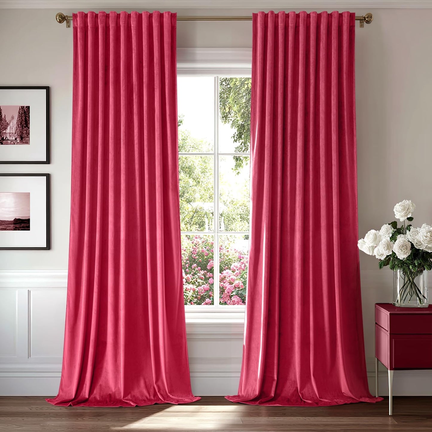 MIULEE Hot Pink Velvet Curtains 90 inches 2 Panels - Luxury Room Darkening Window Drapes for Bedroom Living Room Thermal Insulated Super Soft Blackout, Back Tab Rod Pocket Pinch Pleated, W52 x L90