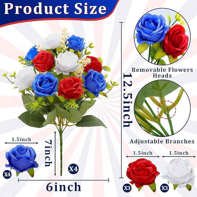 4 Bouquets Artificial Memorial Flowers, Outdoor Grave Decorations, UV Resistant Realistic Fake Silk Roses Patriotic Cemetery Flowers for 4th of July Independence Day Decor Home(Red,White,Blue)
