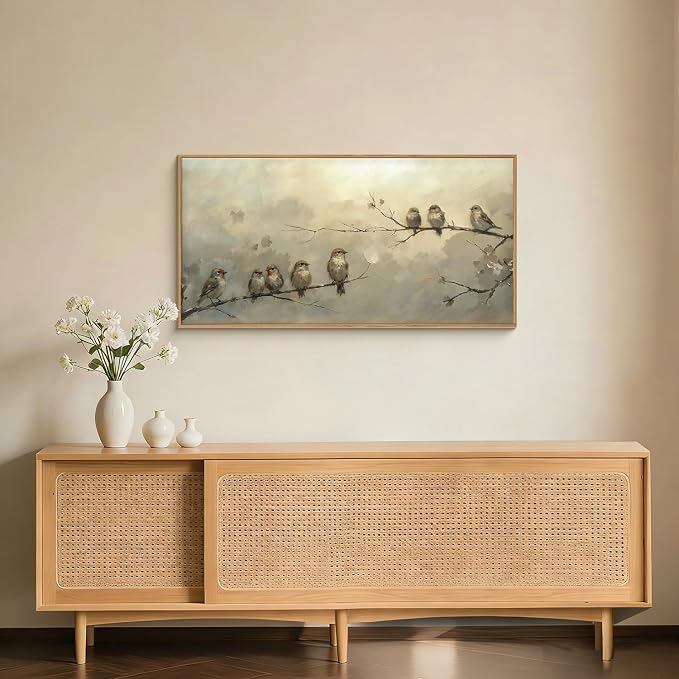 LHIUEM Large Cute Birds Framed Canvas Wall Art,Antique Sparrow Branch Wall Decor,Vintage Farmhouse Painting,Retro Natural Landscape Artwork for Living Room,Bedroom,Dining Room,Office -20"x40"x1