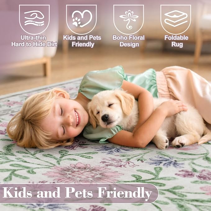 Wonnitar Floral Purple Round Area Rug 5ft, Soft Washable Kids Room Rug, Boho Ultra-Thin Non Slip Circle Carpet for Bedroom Girls Nursery Dorm Living Room Classroom, Light Purple/Pink