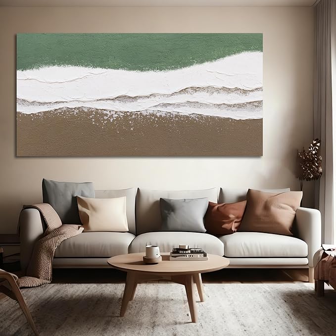 ZUNARE Large Abstract Wall Art Green and White Canvas Artwork with Natural Brown Accents, Contemporary Calm Wall Decor for Living Room Bedroom Office Kitchen 29"x58"