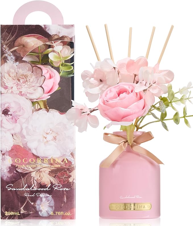 COCORRÍNA Reed Diffuser Set, 6.7oz Flower Reed Diffuser with Sticks, Sandalwood Rose Essential Oil, Long Lasting Home Fragrance for Bathroom, Bedroom & Shelf Decor, Aesthetic Gift for Women