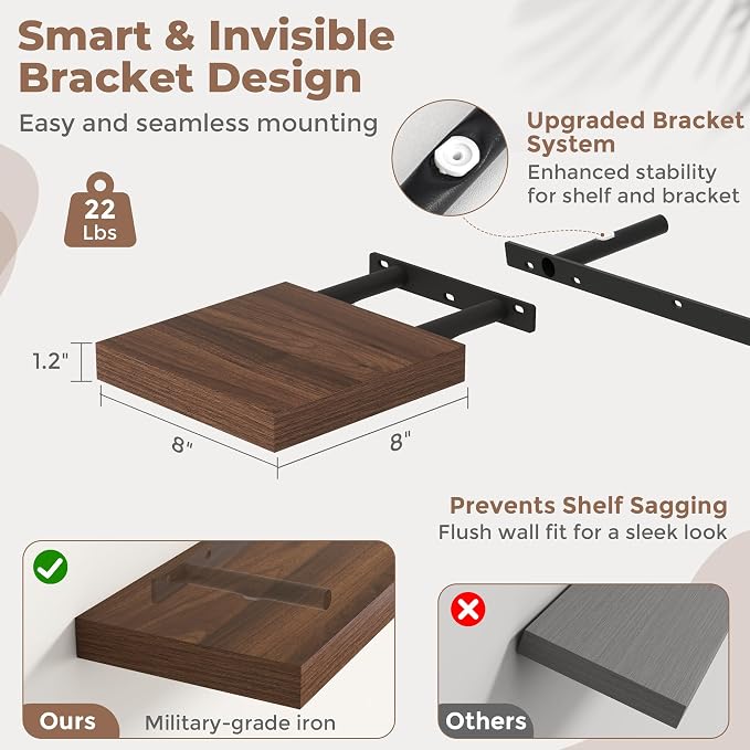 8 Inch Floating Shelves for Wall with Invisible Brackets Set of 3, 8"D Engineered Wood Wall Shelves with Wood Grain for Living Room, Bedroom, Bathroom, Kitchen Decor and Storage, Walnut Finish