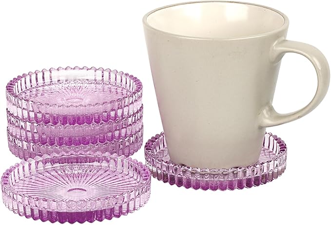 Modern Clear Coaster Set of 5- Glass Coasters for Drinks Crystal Coaster Round Cup Coasters Coffee Table Decor for Office, Kitchen, Bar, Dining Room, Living Room, Patio(Clear Purple)