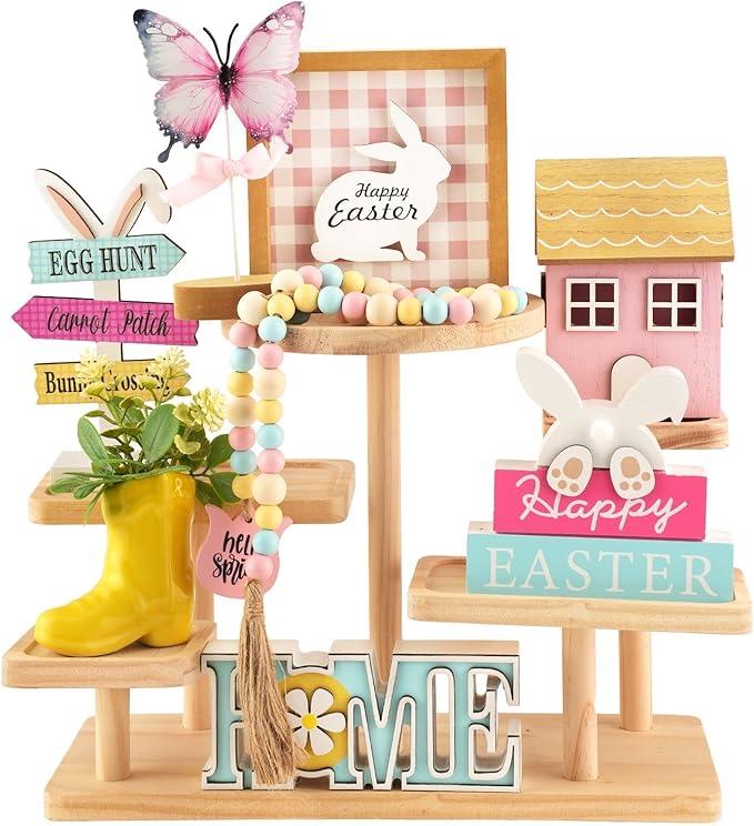 Spring Easter Decorations 8 Pieces Tiered Tray Decor Set, Cute Tabletop Easter Spring Décor for Home Shelf Mantel Office Table Coffee Bar Indoor Holiday Decoration Ornament Tray Objects