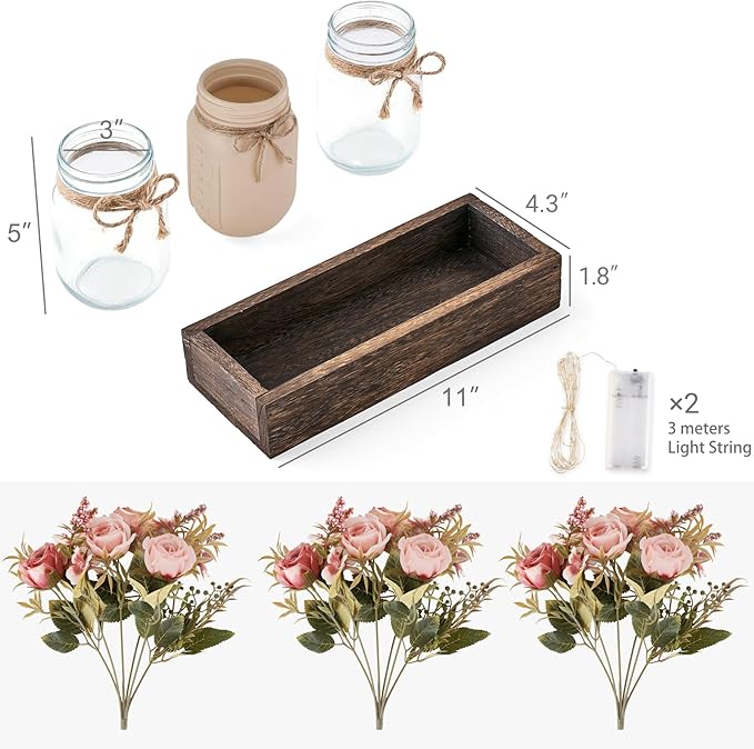 Mkono Mason Jar Lights Centerpiece Table Decorations For Dining Room Farmhouse Table Decor Tray With 3 Jars Flowers Arrangement Valentines Day Decor For Kitchen Living Room Wedding, Pink