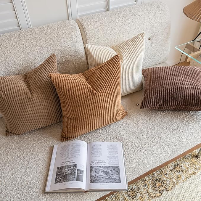 LANANAS Neutral Couch Throw Pillow Covers 20x20 Inch Set of 4 Decorative Farmhouse Boho Throw Pillows for Living Room, Couch, Bed, Sofa Soft Corduroy Accent Home Decor (Neutral Brown, 20x20 Inch)