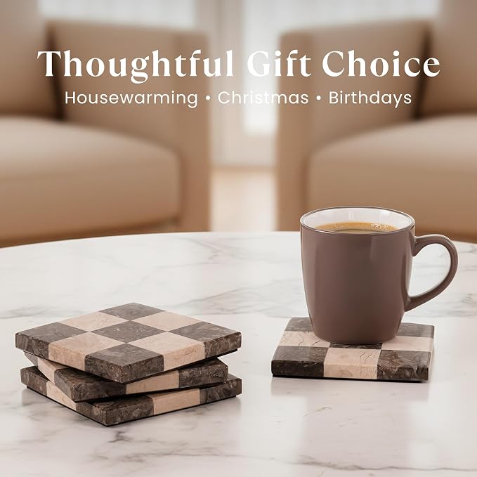 Marble Coasters Set of 4, Oceanic & Verona Handmade 4 inch Square Stone Coaster, Decorative Checkered Cup Coaster for Coffee Table, Housewarming Gift & Luxury Kitchen Accessories