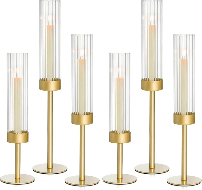 Gold Hurricane Candle Holders Set of 6, Brass Metal Candlestick Holders for Taper Candles, Modern Table Centerpiece Decor for Wedding, Party & Holiday Decorations