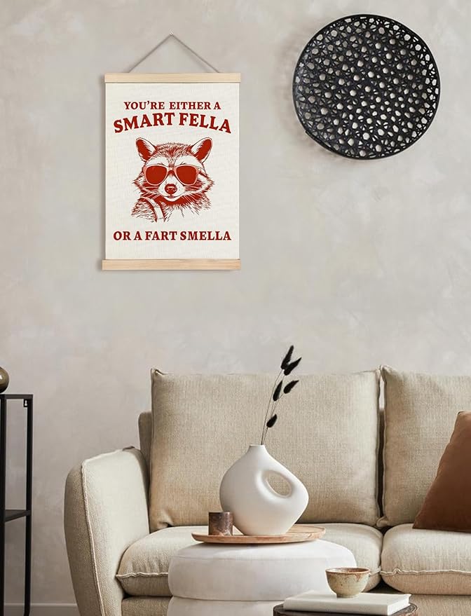 Foritho Funny Raccoon Meme Wall Art Poster Framed, Retro Sarcastic Trash Panda Are You A Smart Fella Or Fart Smella Canvas Prints Wall Decor for Home Bathroom Restroom Man Cave Teen Room, 12x16 Inch