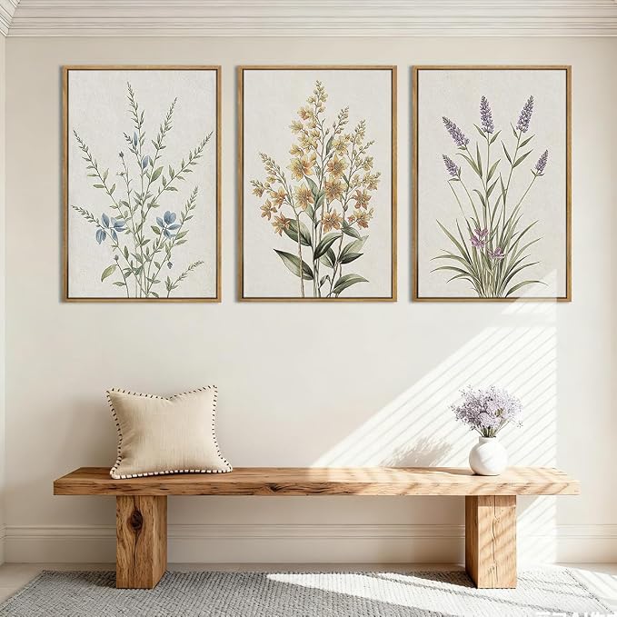 Anyzal Botanical Floral Framed Wall Art Large 16x24 Inch Modern Neutral Wildflower Canvas Art Prints Beige Cream Flower Wall Decor for Living Room Bedroom Dining Room Set of 3
