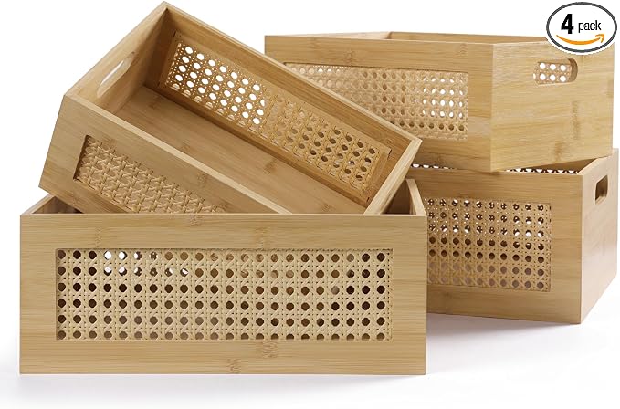 Wooden Storage Basket Set of 4 Handmade Rattan Drawer Storage Box with Frame & Handles Decorative Natural Bamboo Woven Bins Rustic Farmhouse Decor Home Office Tabletop Shelf Organizer, Natural