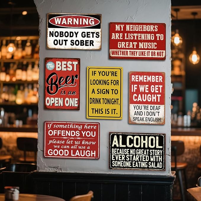 Funny Bar Signs for Home Bar Wall Decor - 7 Piece Set Vintage Garage Metal Signs, Man Cave Decor for Men, Personalized Basement Bar Accessories & Outdoor Decorations (8×12 Inch) - Housewarming Gifts