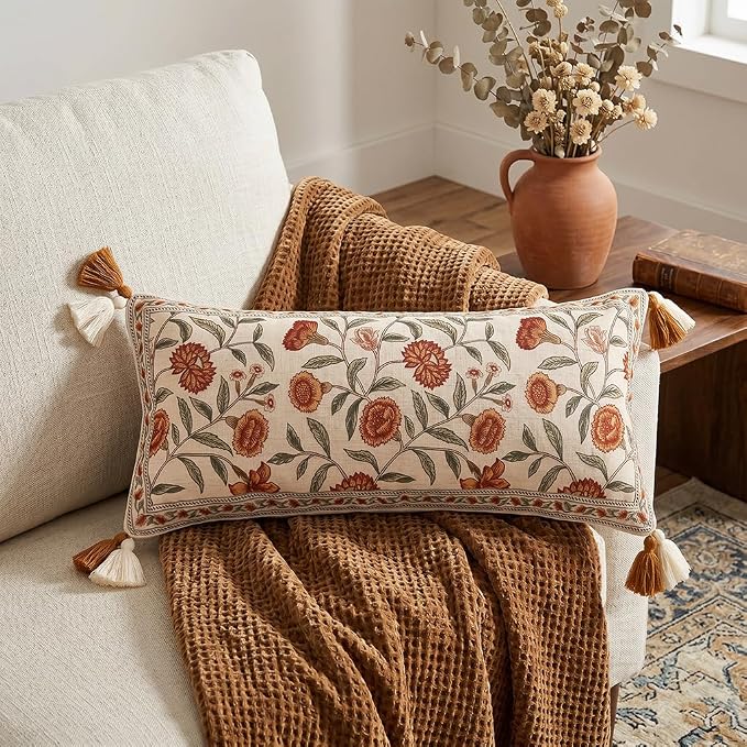 ISAENNE French Linen Rectangle Throw Pillow Cover,Set of 2,28"x12"-Albano A | Designer Vintage Pillow Cover,Concealed Zipper Design,Orange Floral Pattern,Sofa,Bedroom,Living Room,Lounge Chairs