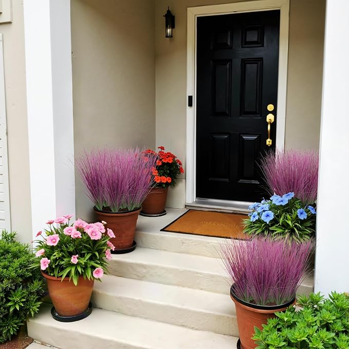 24 Bundles Artificial Grass Plants Outdoor Tall Faux Shrubs Greenery Stems Fake Onion Grasses Wheat UV Resistant for Outside Garden Indoor Office Home Decor（Pink）
