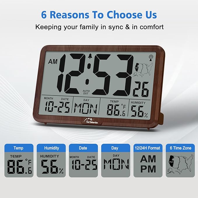 WallarGe Atomic Wall Clock with Backlight, Digital Wall Clock Battery Operated for Classroom, Bedroom, Office, Large Display with Indoor Temperature, Humidity, Date, AUTO DST, 6 Time Zones