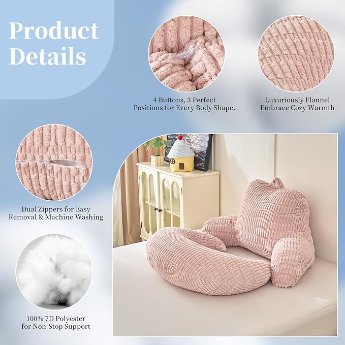 19" Reading Pillow for Bed,U Shaped Arm & Elbow Support,Pink Corduroy | Backrest Supports Back,U Shaped Lap Pillow Cushions Arms,Elbows & Wrists,Ribbed Corduroy for Reading,Gaming,Watching TV
