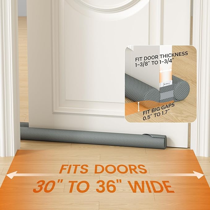 fowong 2 Pack Door Draft Stopper for Bottom of Door 36" Adjustable Noise Stopper, Soundproofing Draft Blocker Seal Large Gap, Grey