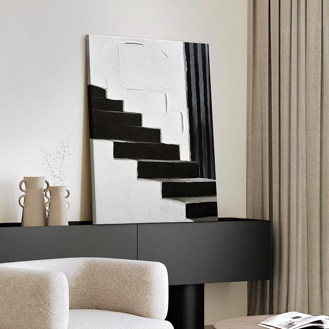 Modern Minimalist Abstract Black & White Canvas Wall Art for Living Room | Large 3D Textured Oil Painting Artwork for Bedroom Dining Room Office Hallways, Neutral Geometric Wall Decor 24x36 Inch