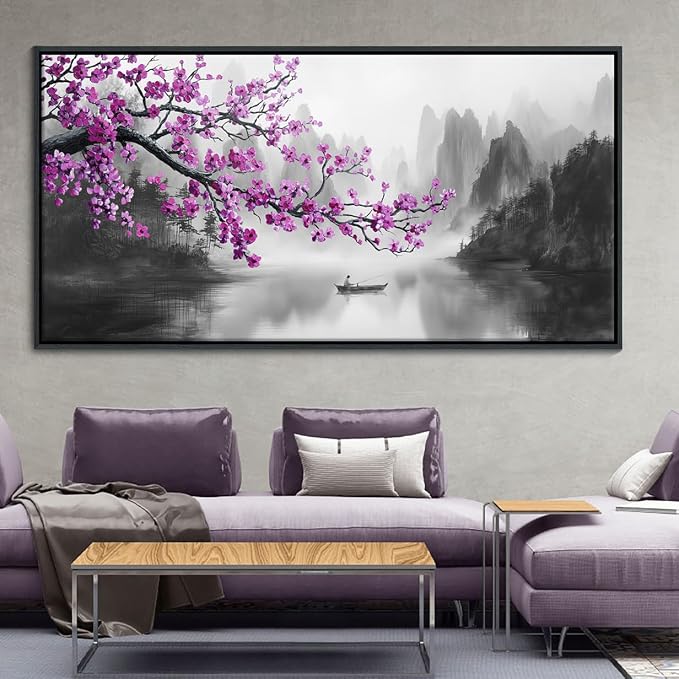 Large Purple Wall Art Decor for Living Room Bedroom Framed Black and White Landscape Full Moon Purple Flower Painting Canvas Picture Plum Blossom Artwork for Home Office 29x58IN