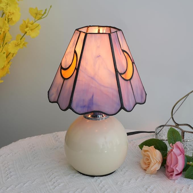Tiffany Style Moon Mushroom Stained Glass Table Lamp Cute Small Table Lamp Bedroom Bedside lamp Living Room Dining Room Office Decoration Desk lamp Home Decoration Creative Gift Scene Props