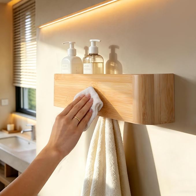 16" Bamboo Coat Rack Wall Mount, 4 Hidden Hooks, Compact, Natural | Solid Bamboo Shelf, 4 Heavy Duty Steel Hooks 44 lbs Each, Entryway Bathroom Bedroom Kitchen, Paper Template Easy Install