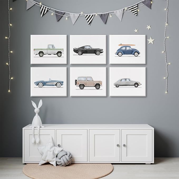 Blue Car Wall Art Decor Boys Room Wall Art Vintage Cars Canvas Poster Pictures Toddler Kids Room Prints Watercolor Vehicle Artwork Painting for Boys Bedroom Nursery 8x10 Inch Framed Set of 6