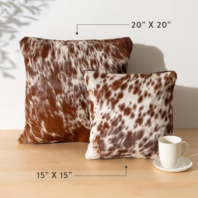 ecowhides 100% Genuine Brazilian Cowhide Pillow Cover – Brown Salt and Pepper – Single-Sided – Luxury Leather Decorative Cushion for Rustic & Western Home Décor – 15” x 15”