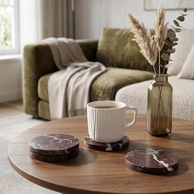 Natural Marble Coasters Set of 4-4" Round Stone Drink Coasters, Non-Slip Cork Backing, Housewarming Gift, Wedding, Protect Tables from Stains & Scratches Rosso Lepanto (WH114)