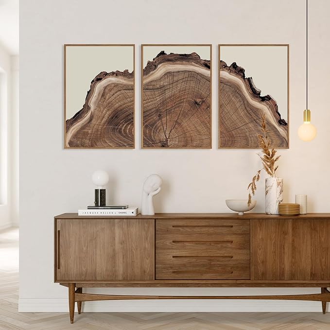 SIKERIC Framed Nature Tree Ring Wall Art, (24X36 inch) Modern Wood Stump Canvas Wall Art Set Of 3,Large Wood Tree Spiral Art Prints, Abstract Wall Painting for Living Room, Bedroom, Office
