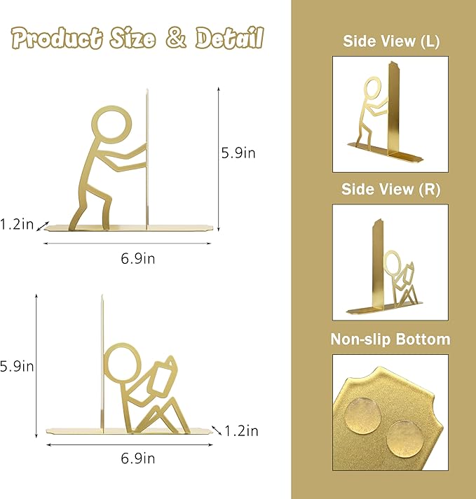 Metal Unique Office Desk Bookends Decorative Cute Book Ends Reading Decor Bookshelf Decor for Office School Library Bedroom, Book Lovers Gift（Gold）