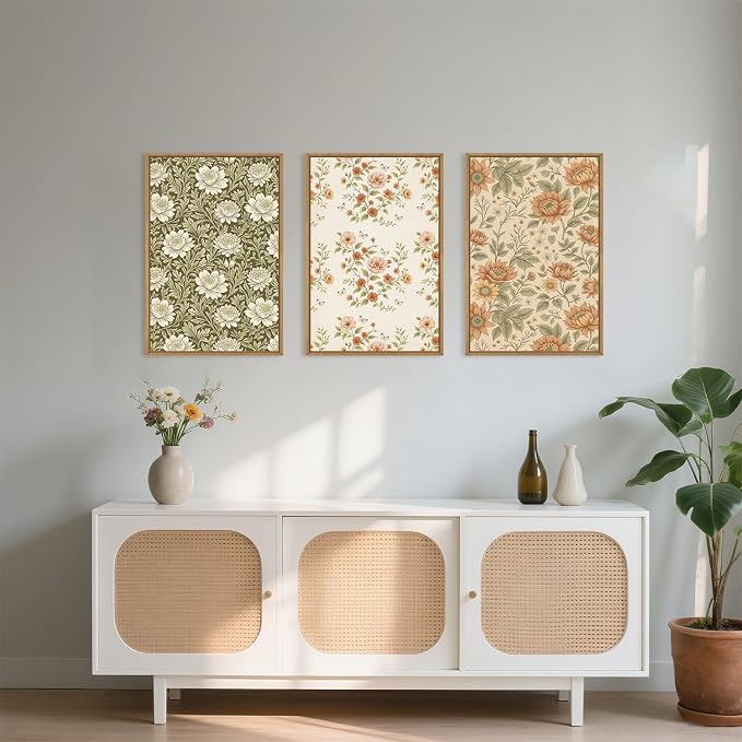 Vintage Pastoral Floral Framed Canvas Wall Art Set, Boho Colorful Flower Wall Decor, Peony Wildflower Wall Painting, Retro Botanical Art Prints for Living Room, Bedroom, Office - 24"X36"X3