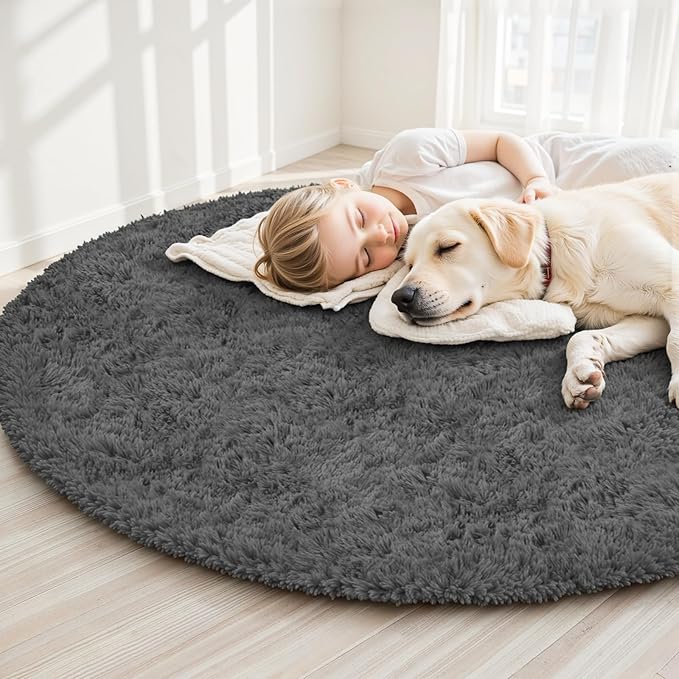 Dark Gray Round Fluffy Rug 5ft Plush Fuzzy Shaggy Carpet,Soft Rugs for Living Room for Nursery,Preppy Dorm,Classroom,Playroom,Teen,Baby Home Decor (Dark Gray 5"x5")