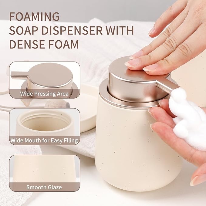 BosilunLife Ceramic Bathroom Accessories Set 3 Pcs, Foaming Soap Dispenser and Toothbrush Holder with Tray, Modern Farmhouse Vanity Decor, Apricot Housewarming Gift