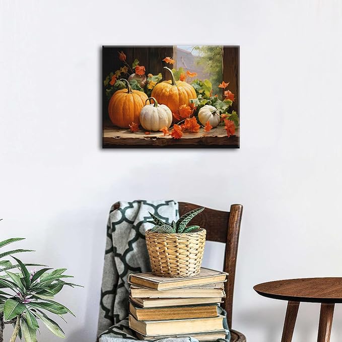 Fall Pumpkin Canvas Wall Art Halloween Pictures Maple Leaf Decor Thanksgiving Wall Prints Rustic Autumn Themed Wall Decor Framed Modern Artwork for Living Room Kitchen Bedroom Home Decorations 12x16”