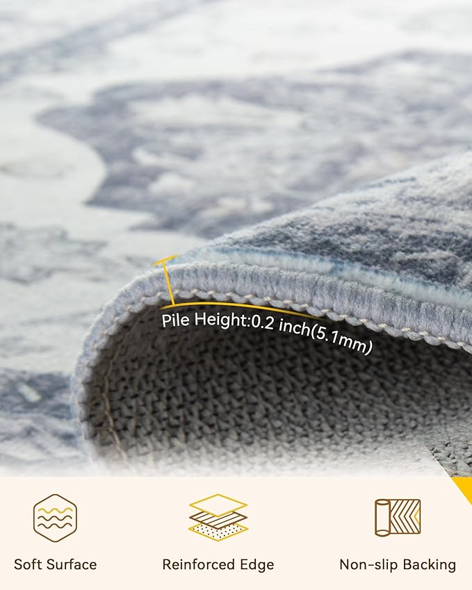 RELEANY Area Rugs 5'x8' Washable Non-Slip, Floral Vintage Distress Print Pattern Medallion Carpet for Living Room Bedroom Dining Room, Light Gray Grey White