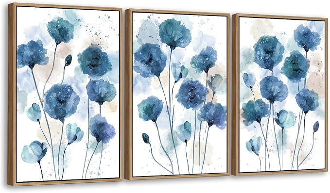 Large Flowers Wall Art for Living Room Natural Wood Float Framed Art Set of 3 Blue Floral Canvas Pictures Abstract Artwork Blossom Canvas Prints for Bedroom Kitchen Home Office Wall Decor 24"X36"X3