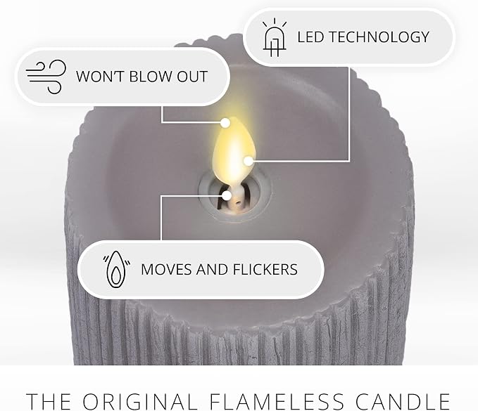 Luminara Metallic Embossed Pillar, Grey Flameless LED Candle 3.25" x 6.5", Battery Operated Real Flame Technology w/Timer Function, Paraffin Wax