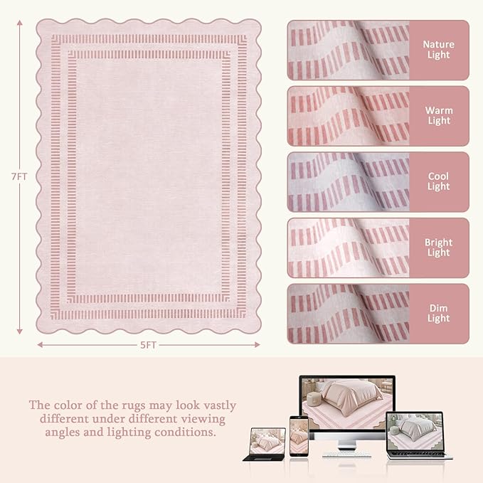 Pink Rugs for Bedroom Girls, 5x7 Washable Non Slip Area Rugs for Living Room, Soft Vintage Ultra-Thin Scalloped Carpet for Nursery Dorm Home Decor