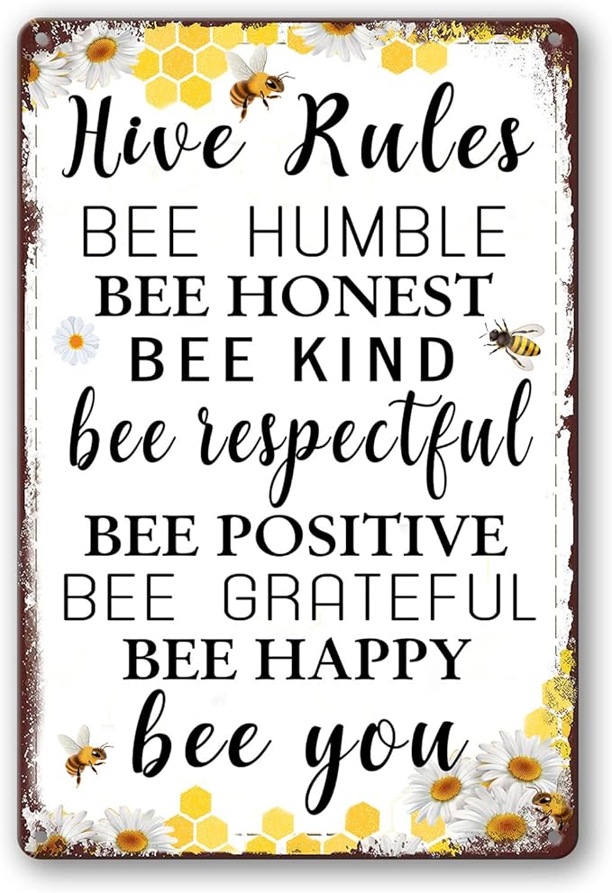 Bee Hive Rules Sign, 12 x 8 Inch, Metal, Decorative Sign, Beekeeping, Wall Mount, Yellow, Brown